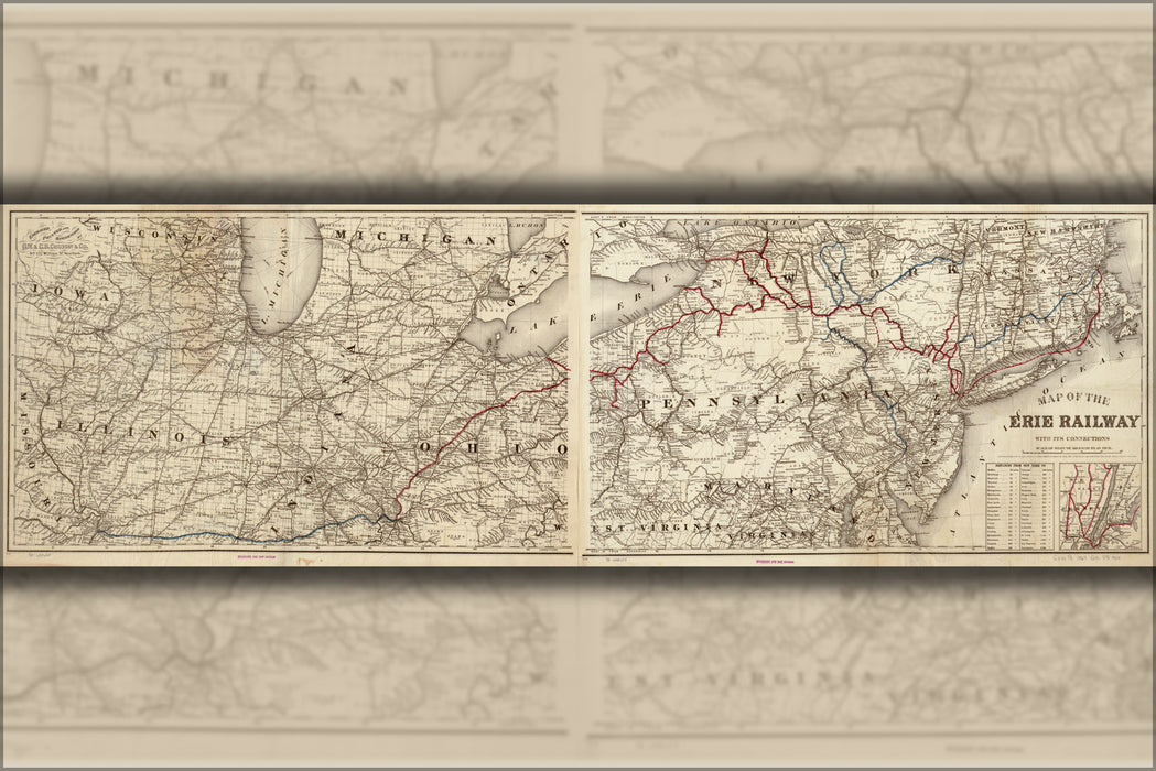 24"x36" Gallery Poster, Map of the Erie Railroad ohio pennsylvania 1869