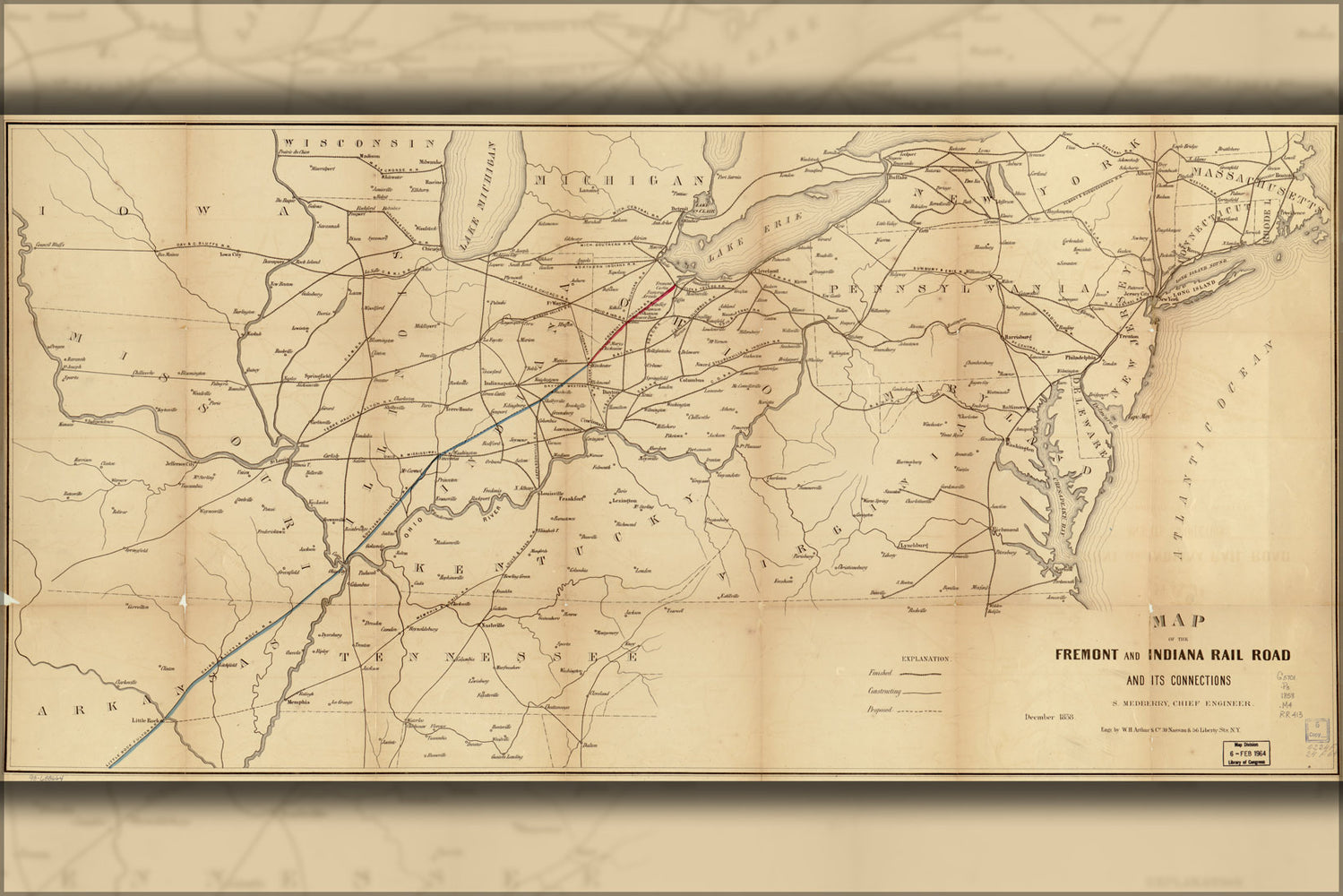 24"x36" Gallery Poster, Map of the Fremont and Indiana Rail Road 1858