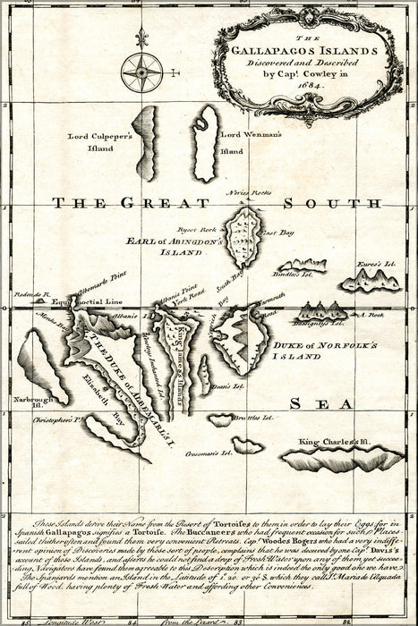 24"x36" Gallery Poster, Map of the Galapagos Islands as described by Ambrose Cowley in 1684