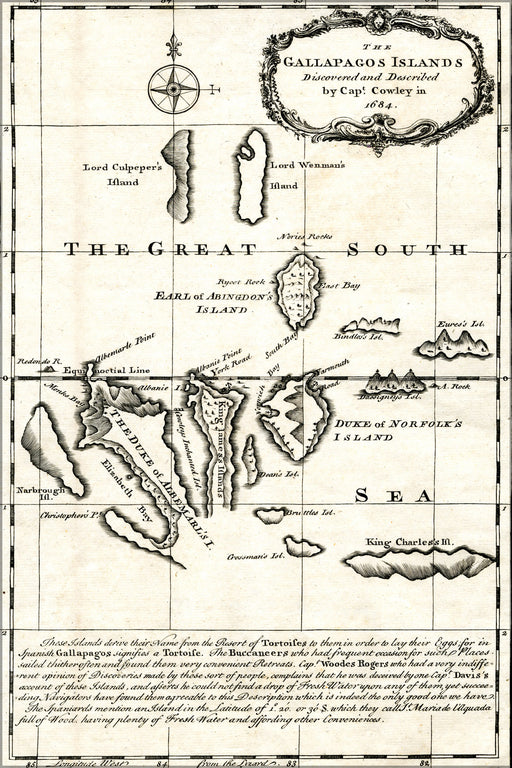 24"x36" Gallery Poster, Map of the Galapagos Islands as described by Ambrose Cowley in 1684