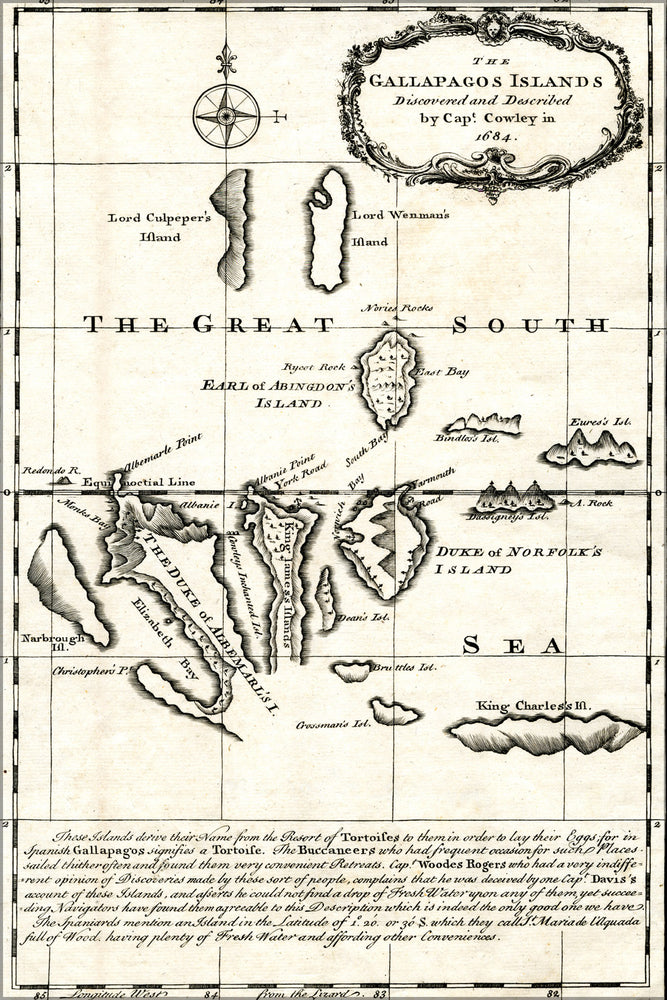 24"x36" Gallery Poster, Map of the Galapagos Islands as described by Ambrose Cowley in 1684