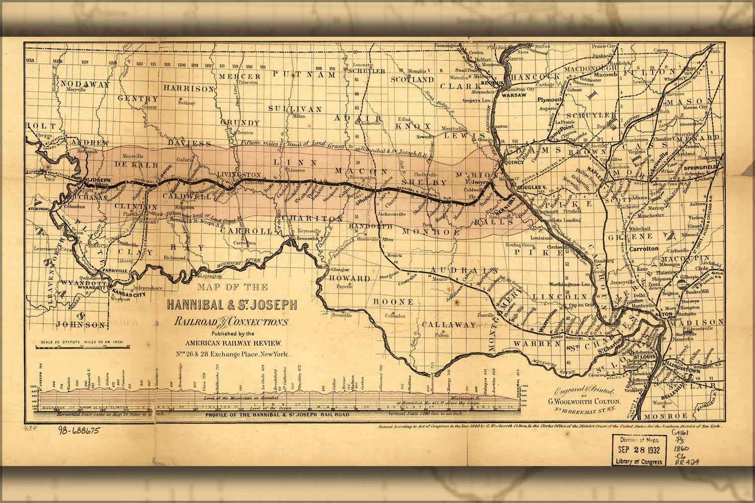 24"x36" Gallery Poster, Map of the Hannibal & St. Joseph Railroad 1860