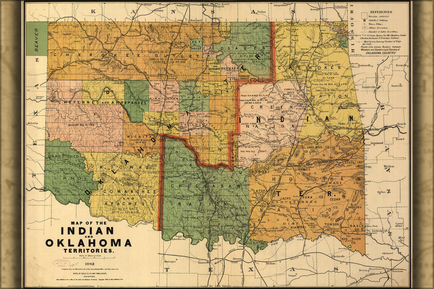 24"x36" Gallery Poster, Map of the Indian and Oklahoma territories 1892