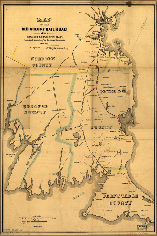 24"x36" Gallery Poster, Map of the Old Colony RailRoad massachusetts 1850