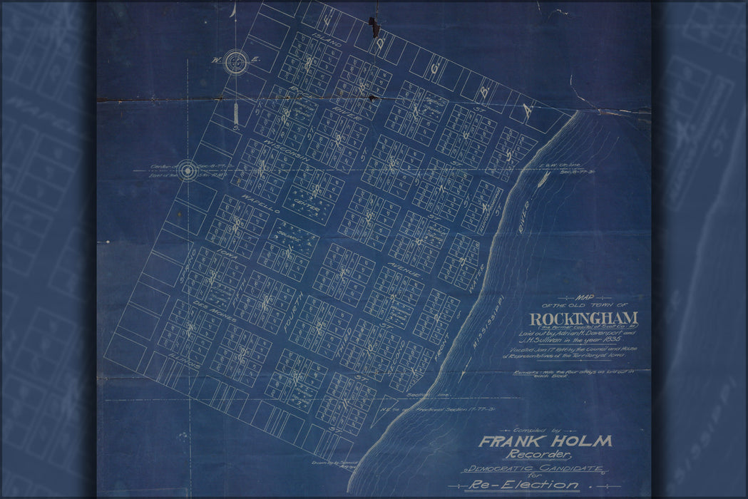 24"x36" Gallery Poster, Map of the Old Town of Rockingham iowa (the former Capital of Scott Co Ia.) Laid out by Adrian H. Davenport and J