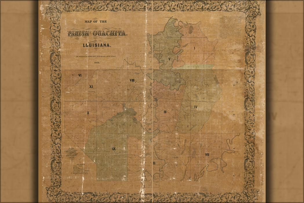 24"x36" Gallery Poster, Map of the Parish of Ouachita, Louisiana 1858