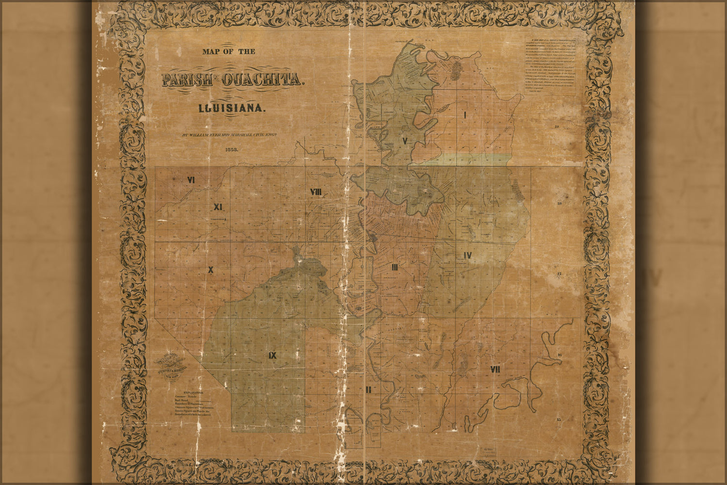 24"x36" Gallery Poster, Map of the Parish of Ouachita, Louisiana 1858
