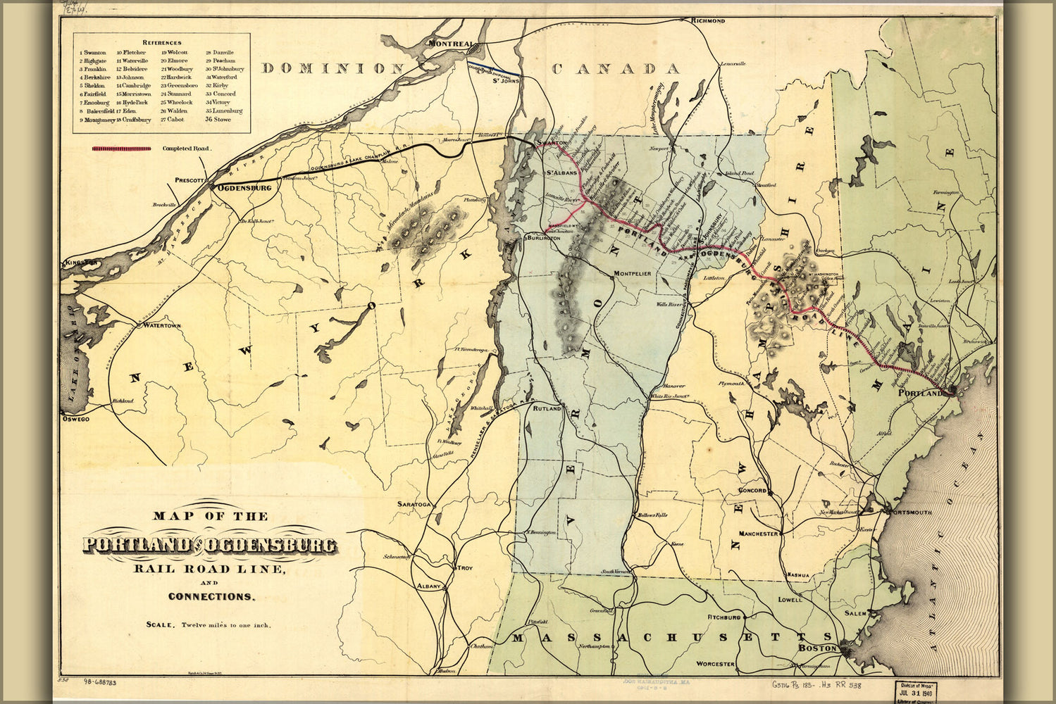 24"x36" Gallery Poster, Map of the Portland and Ogdensburg Railroad
