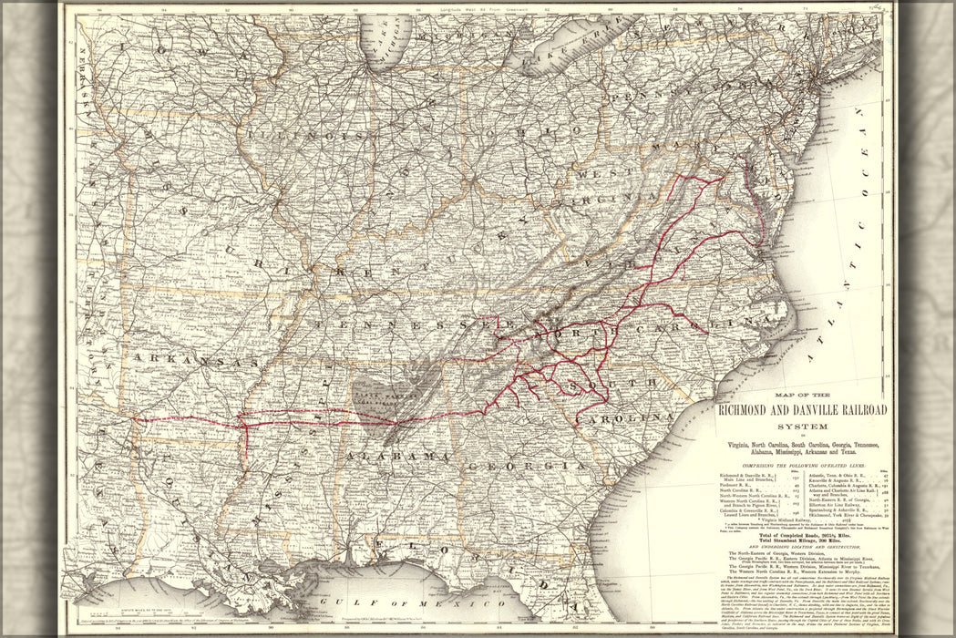 24"x36" Gallery Poster, Map of the Richmond & Danville Railroad 1881