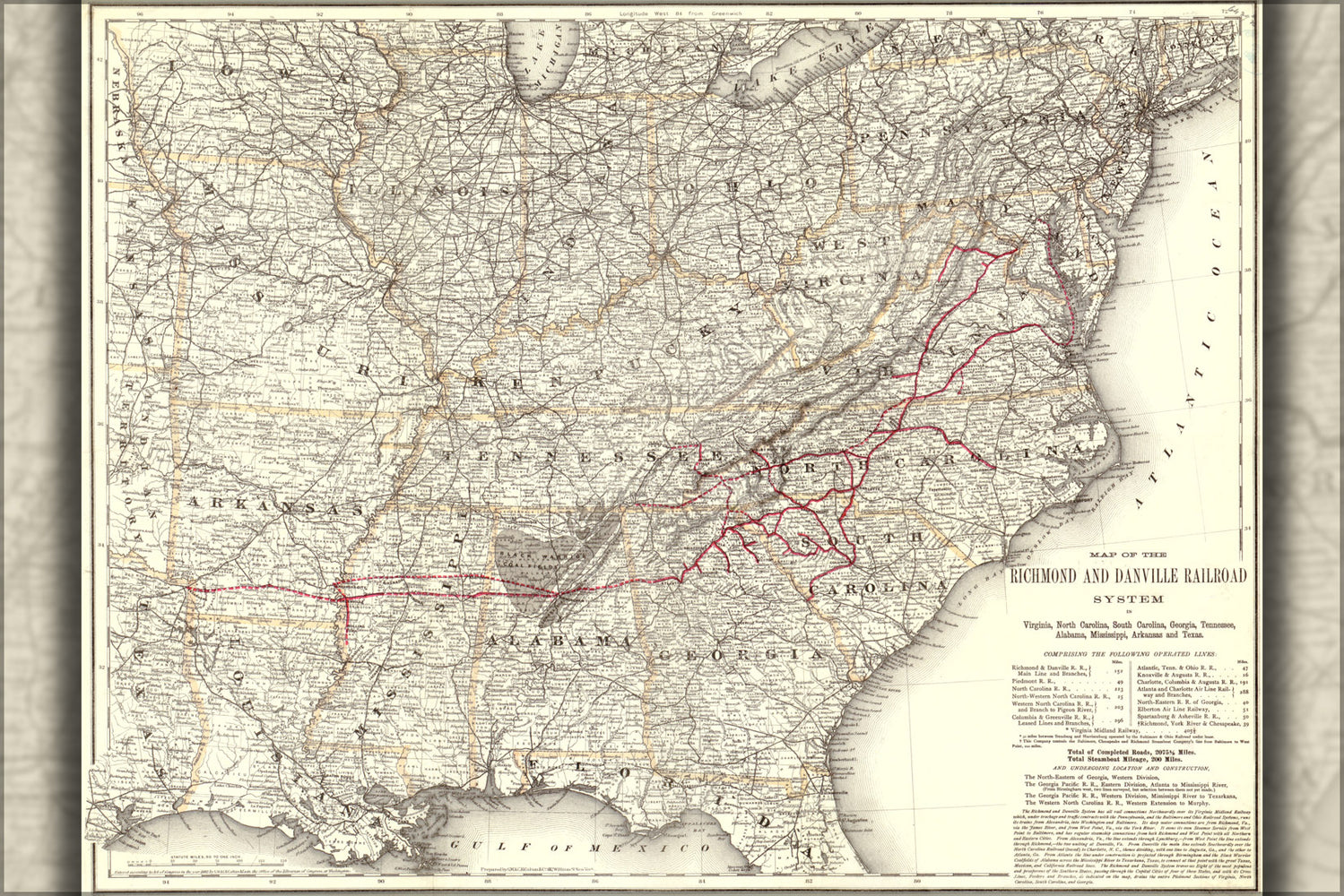 24"x36" Gallery Poster, Map of the Richmond & Danville Railroad 1881