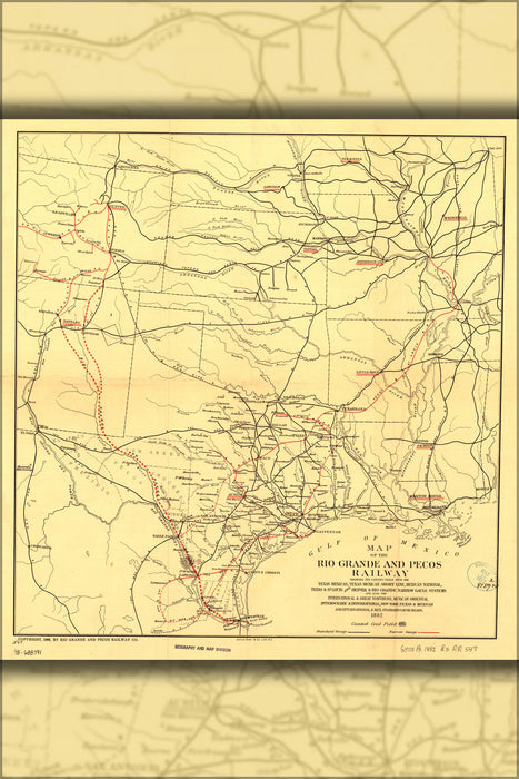 24"x36" Gallery Poster, Map of the Rio Grande & Pecos Railway texas 1882