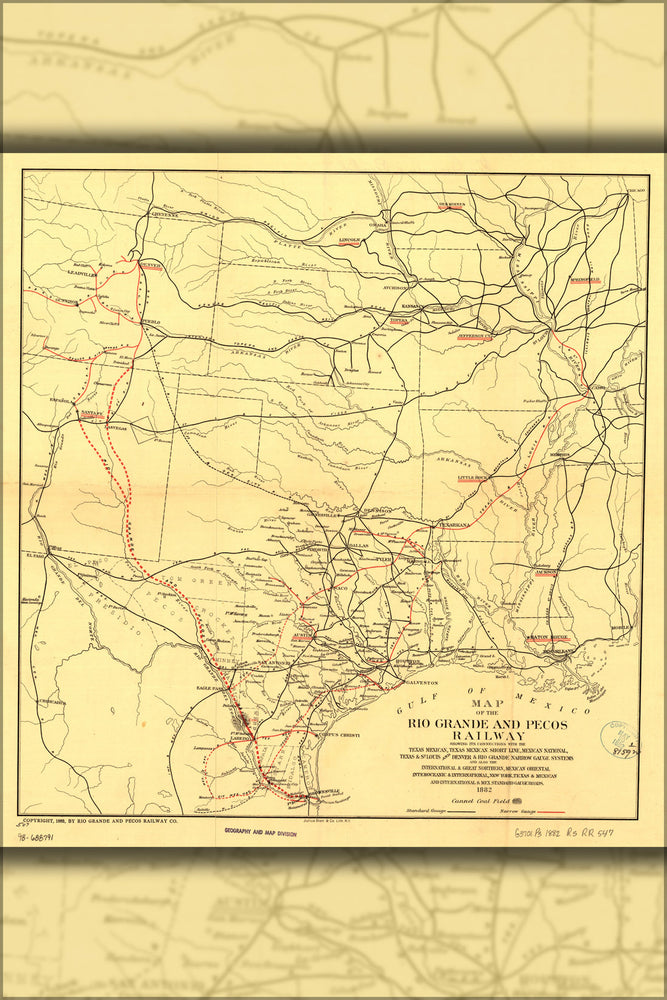 24"x36" Gallery Poster, Map of the Rio Grande & Pecos Railway texas 1882