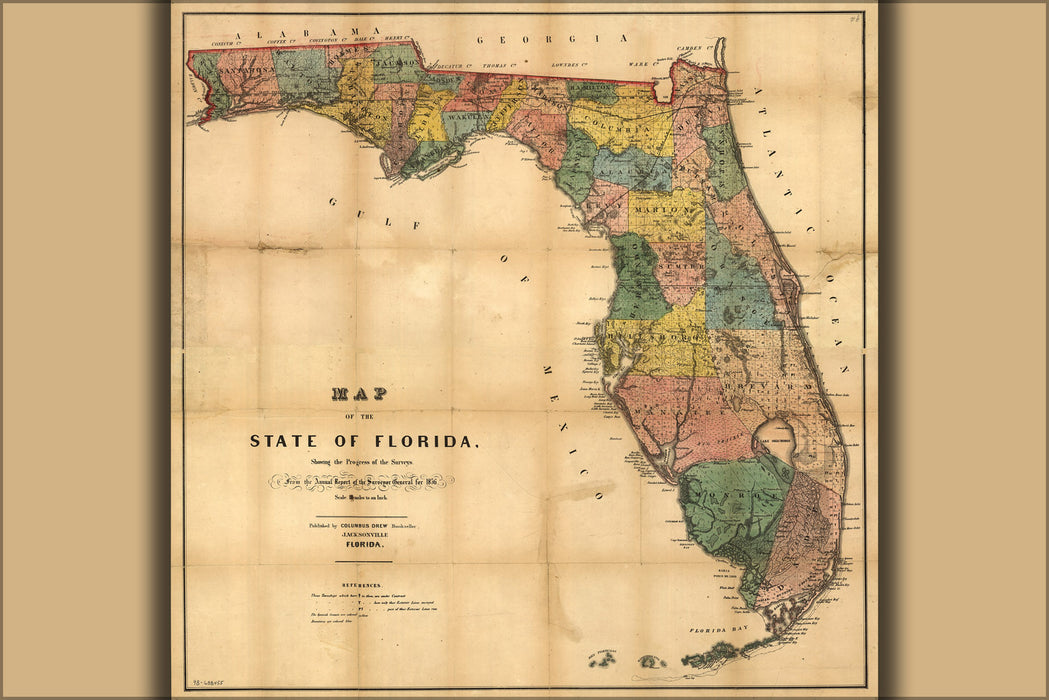 24"x36" Gallery Poster, Map of the State of Florida 1856