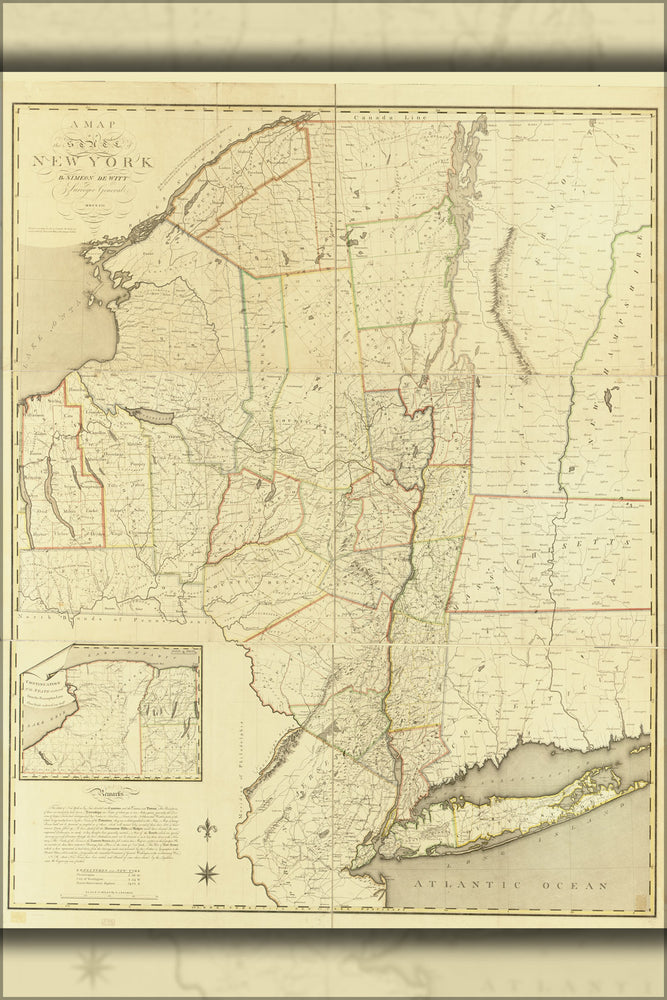 24"x36" Gallery Poster, Map of the State of New York. 1802