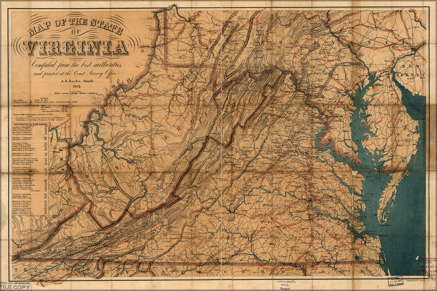 24"x36" Gallery Poster, Map of the State of Virginia 1862