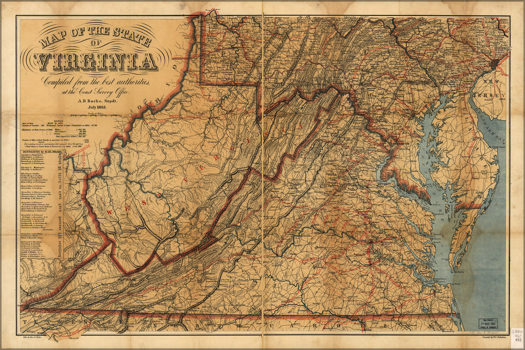 24"x36" Gallery Poster, Map of the State of Virginia 1863