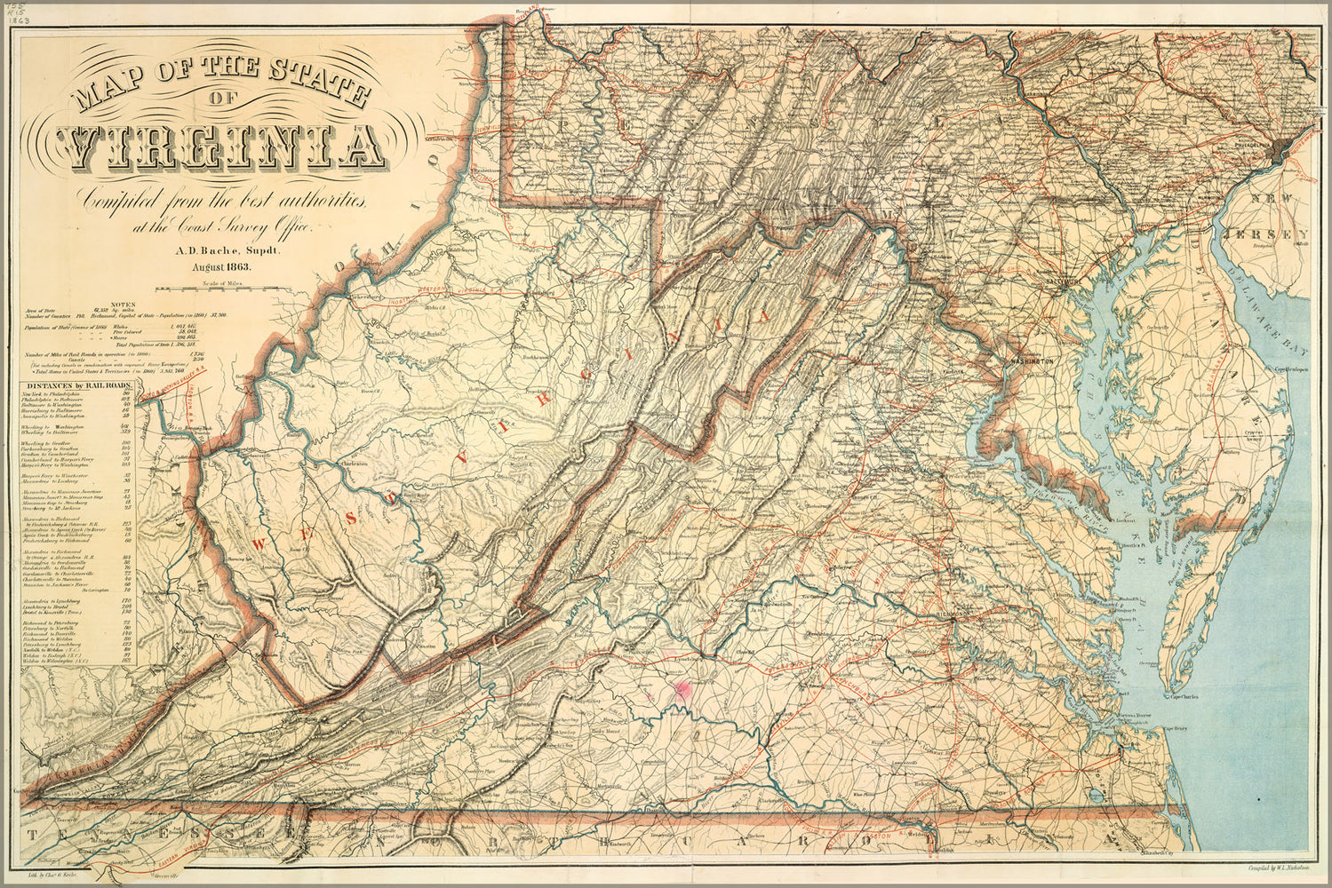 24"x36" Gallery Poster, Map of the State of Virginia 1863 p10