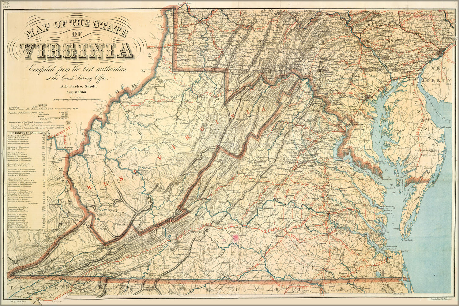 24"x36" Gallery Poster, Map of the State of Virginia 1863 p2