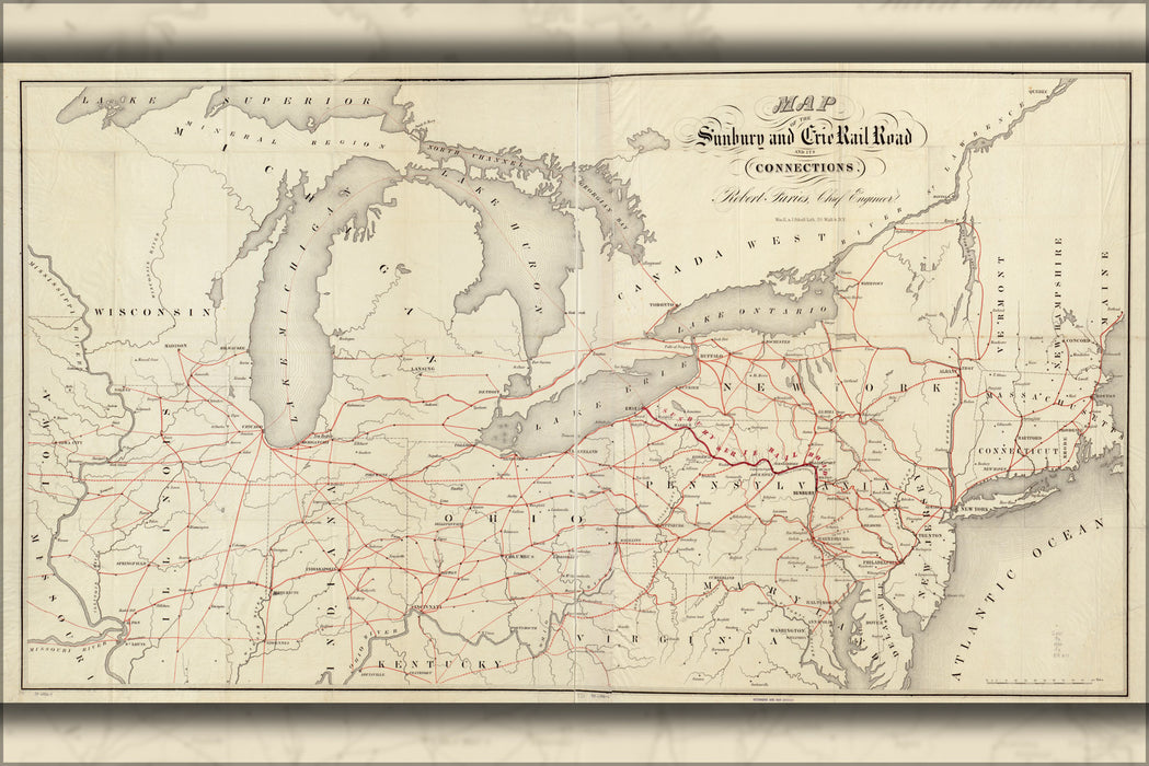 24"x36" Gallery Poster, Map of the Sunbury and Erie RailRoad ohio 1850