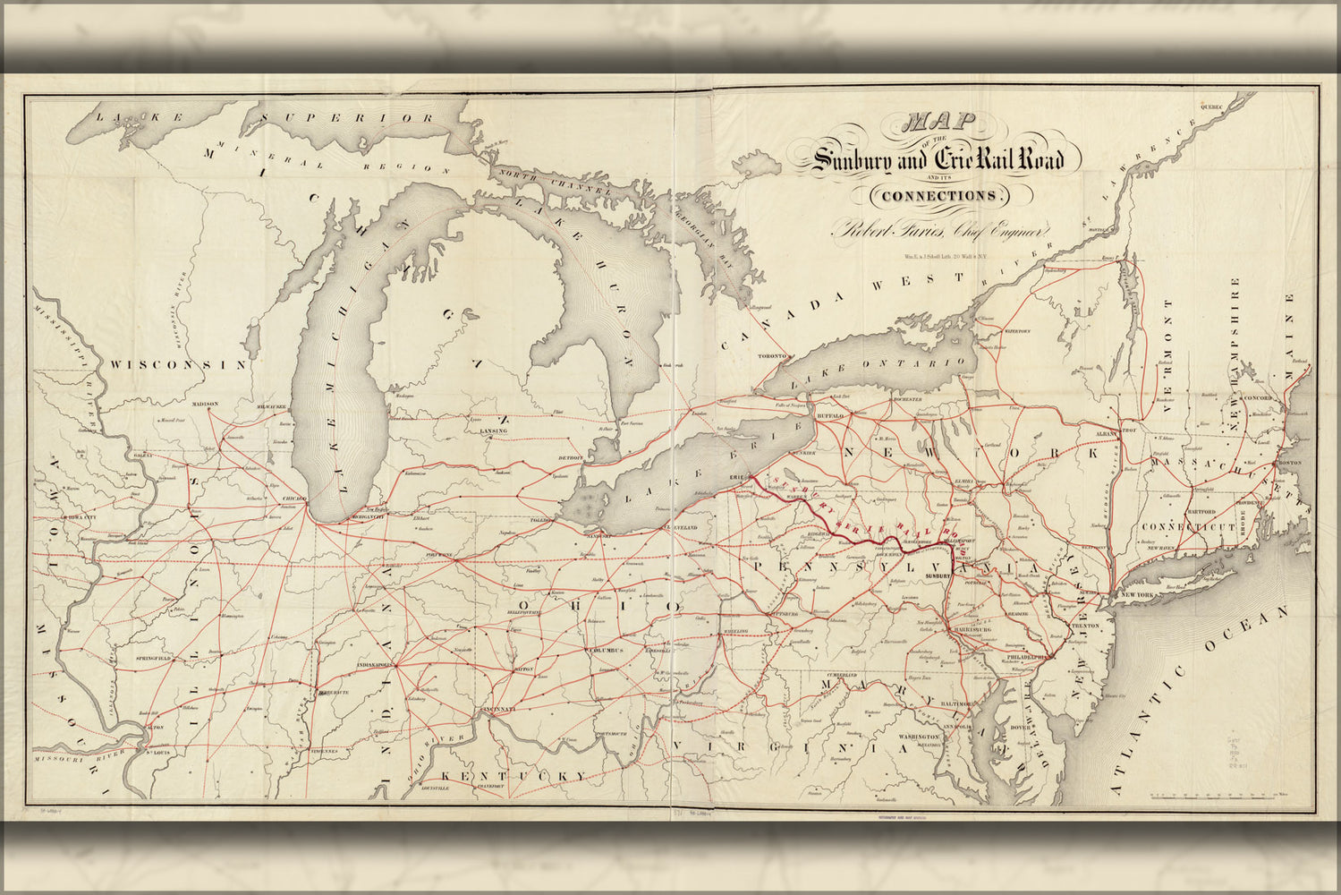 24"x36" Gallery Poster, Map of the Sunbury and Erie RailRoad ohio 1850