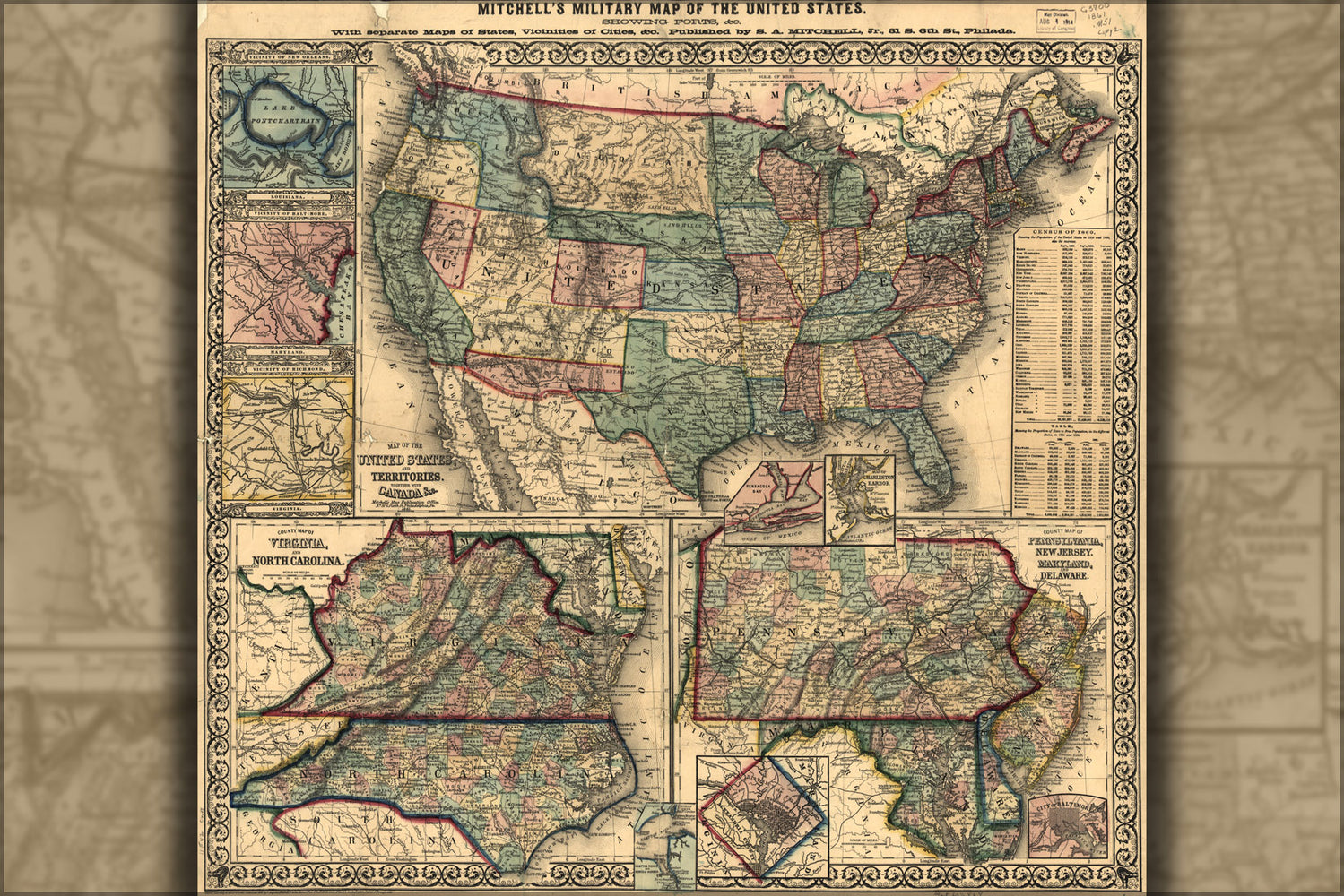 24"x36" Gallery Poster, Map of the United States 1861