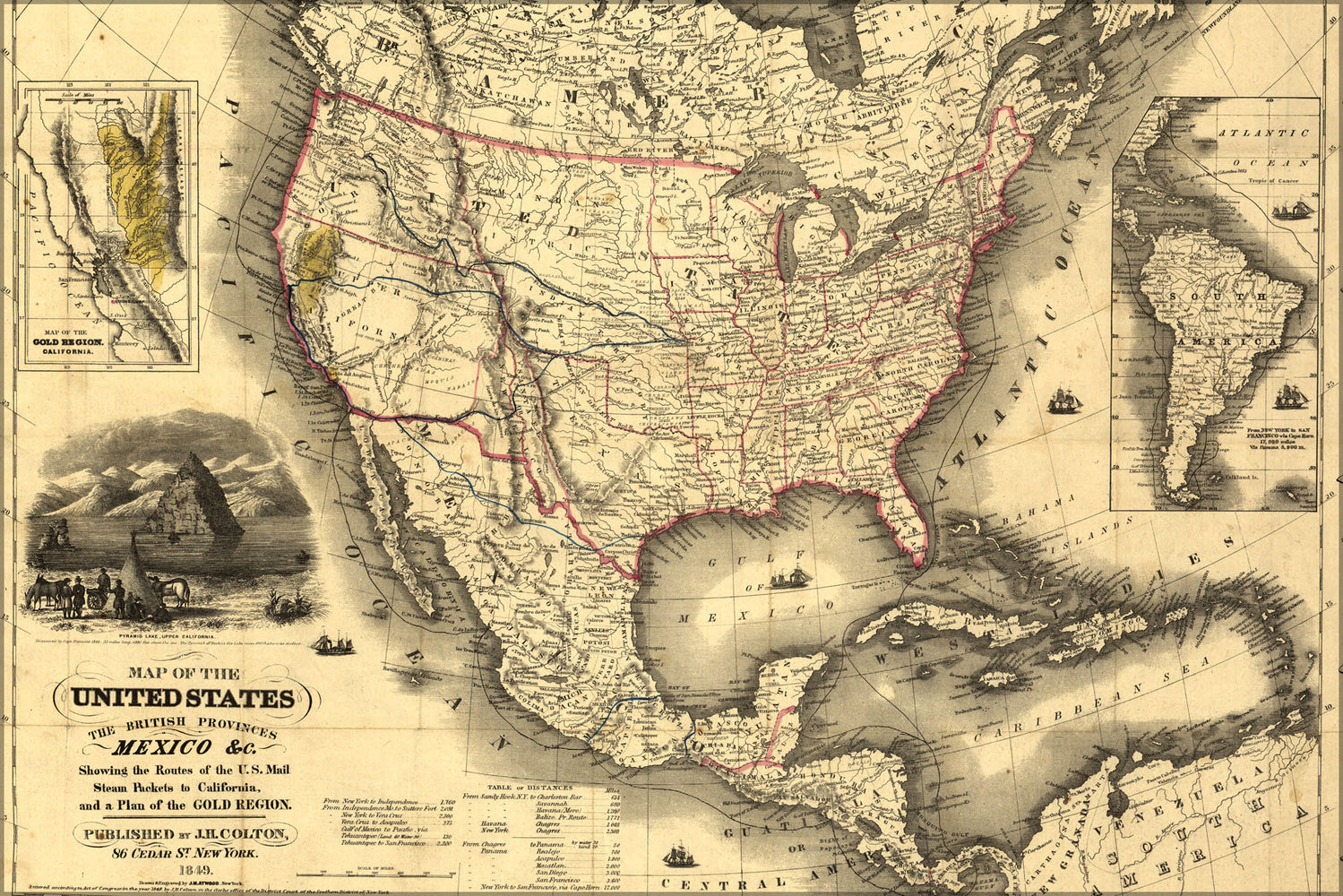 24"x36" Gallery Poster, Map of the United States, Canada, Mexico 1849