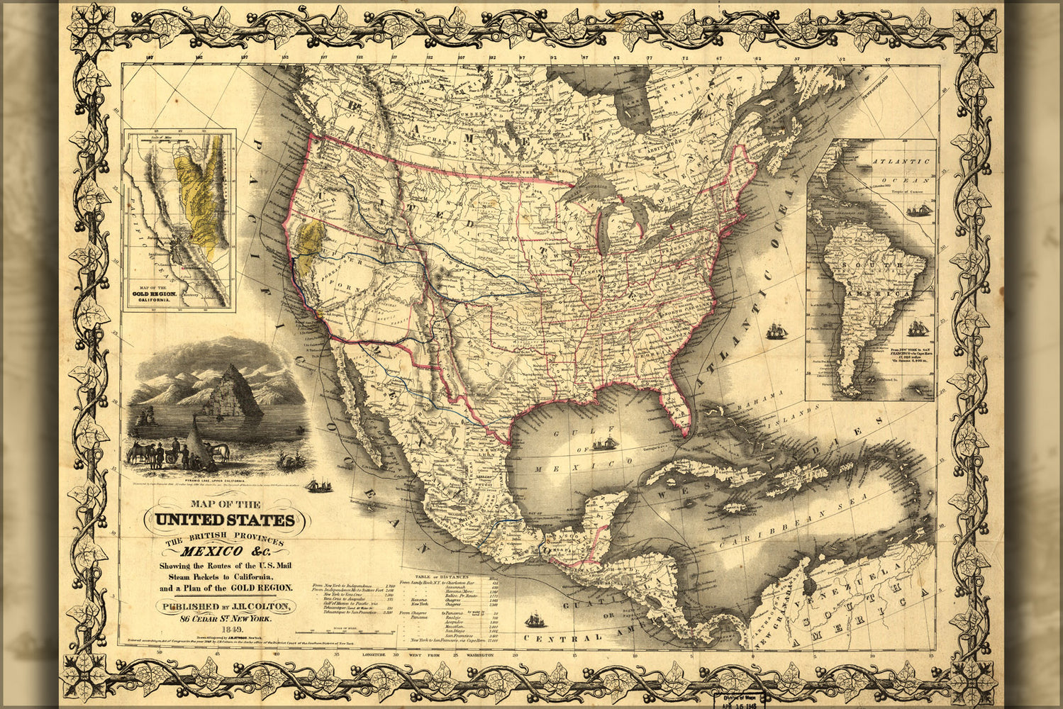 24"x36" Gallery Poster, Map of the United States, canada, Mexico 1849 p3