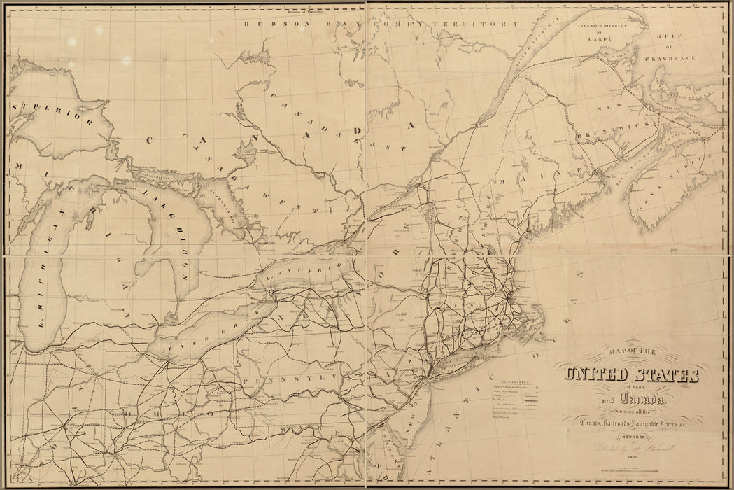 24"x36" Gallery Poster, Map of the United States in part and Canada 1852