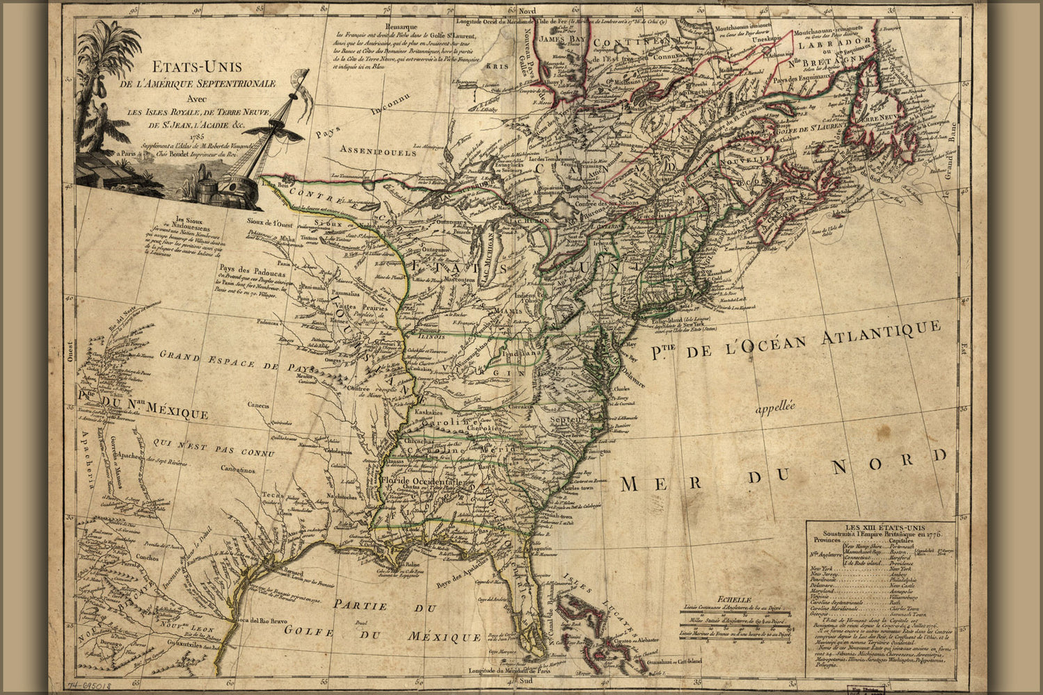 24"x36" Gallery Poster, Map of the United States of America 1785 in French
