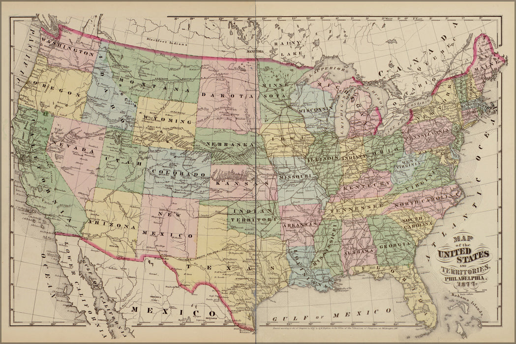 24"x36" Gallery Poster, Map of the United States of america 1878