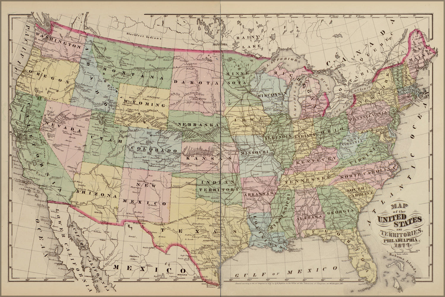 24"x36" Gallery Poster, Map of the United States of america 1878