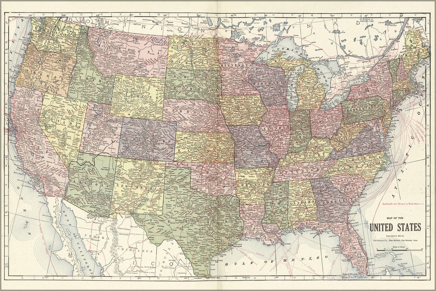 24"x36" Gallery Poster, Map of the United States of america 1914