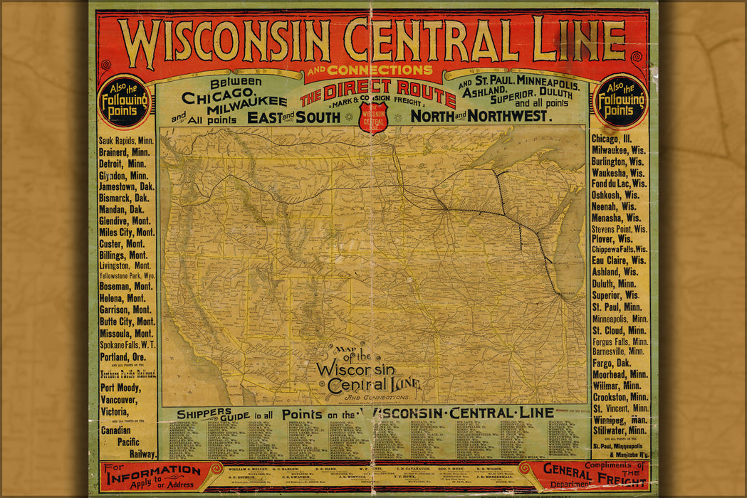 24"x36" Gallery Poster, Map of the Wisconsin Central Line railroad 1880