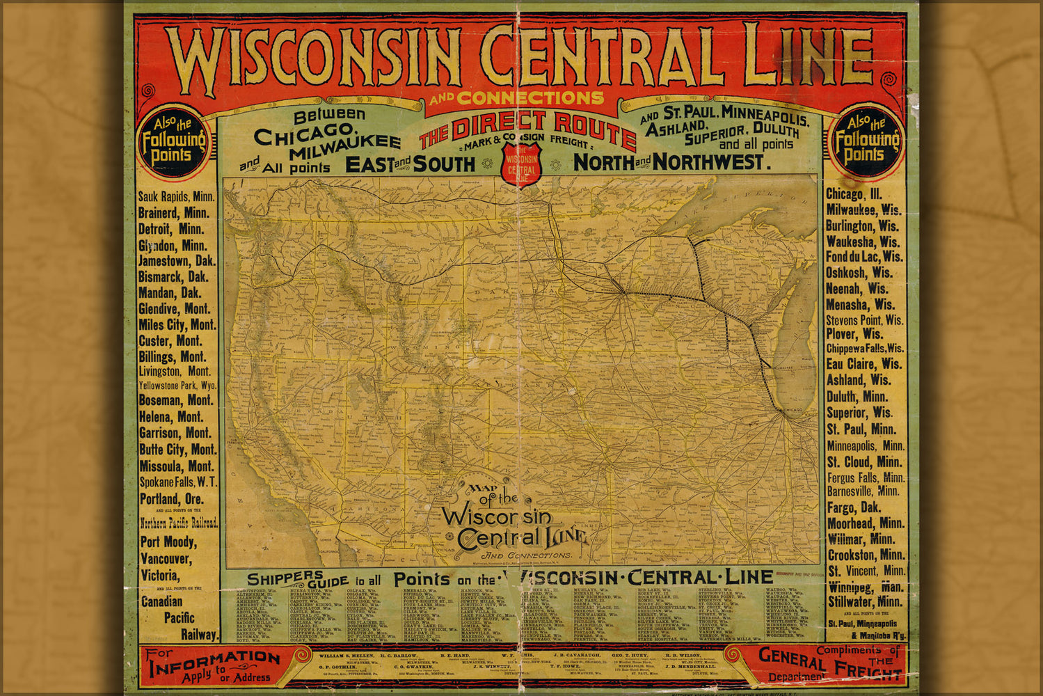 24"x36" Gallery Poster, Map of the Wisconsin Central Line railroad 1880