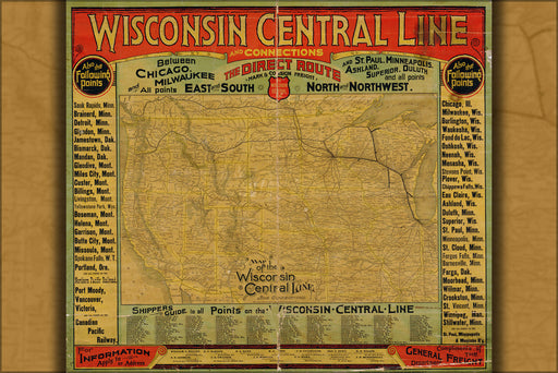 24"x36" Gallery Poster, Map of the Wisconsin Central Line railroad 1880