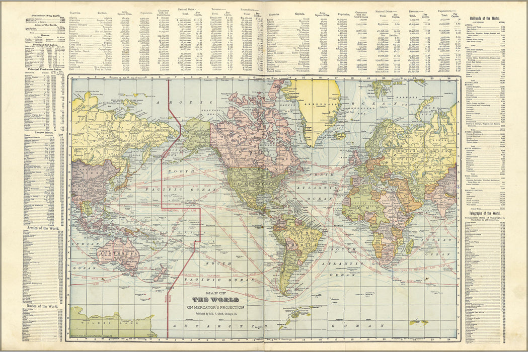 24"x36" Gallery Poster, Map of the World on Mercator Projection 1908