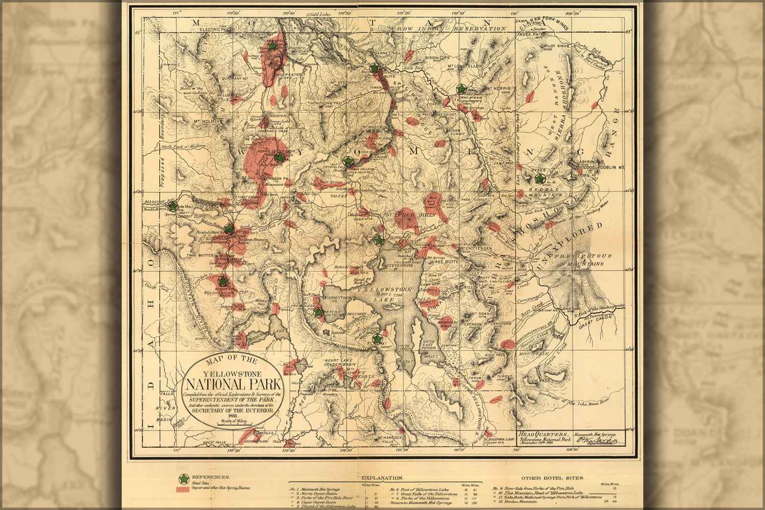 24"x36" Gallery Poster, Map of the Yellowstone National Park 1881