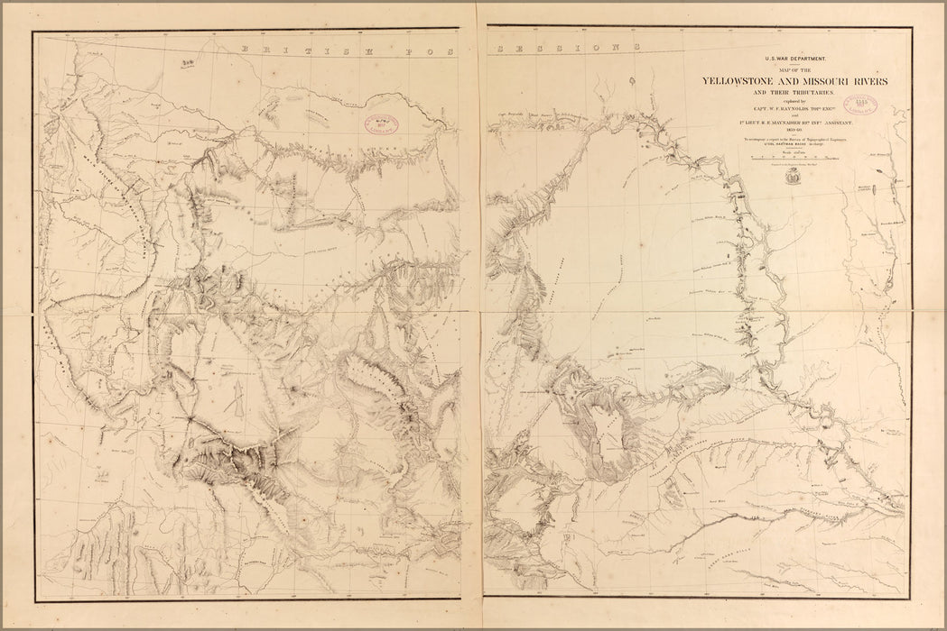 24"x36" Gallery Poster, Map of the Yellowstone and Missouri Rivers 1868