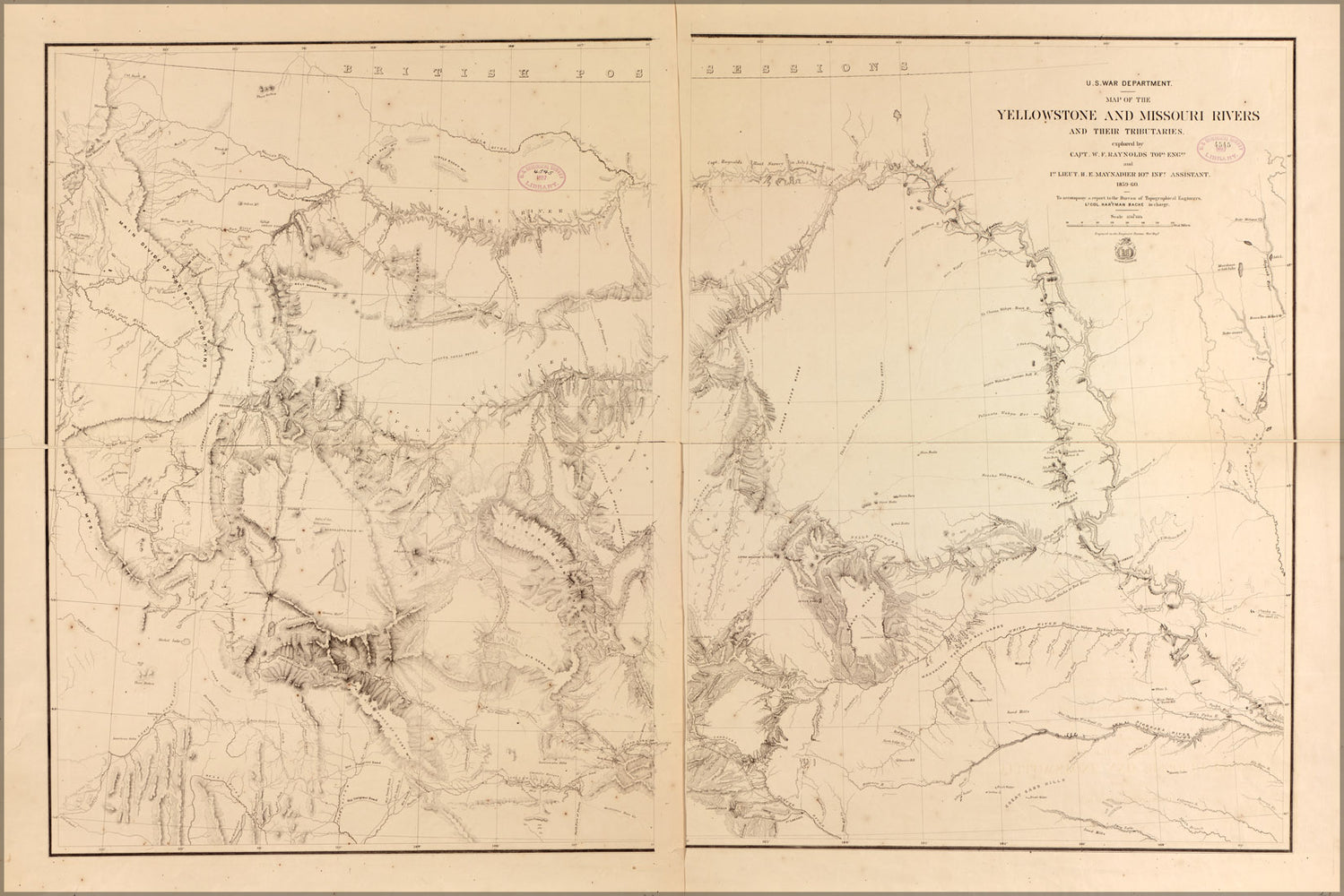 24"x36" Gallery Poster, Map of the Yellowstone and Missouri Rivers 1868
