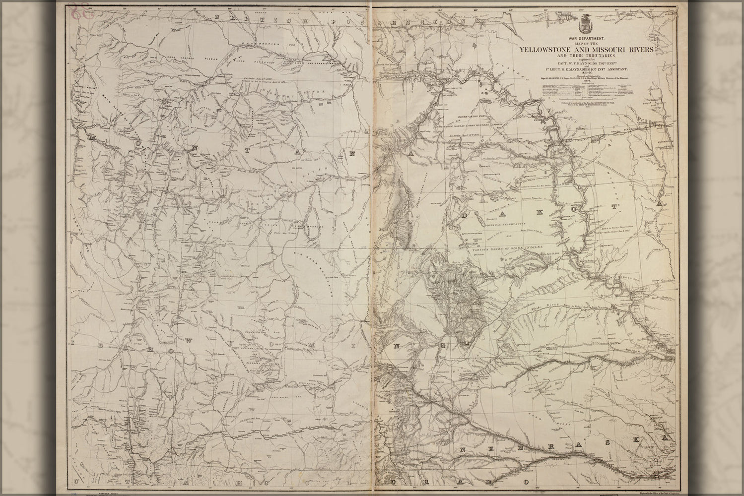 24"x36" Gallery Poster, Map of the Yellowstone and Missouri Rivers 1877