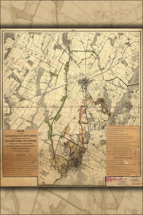24"x36" Gallery Poster, Map of the battle field of Gettysburg 1898