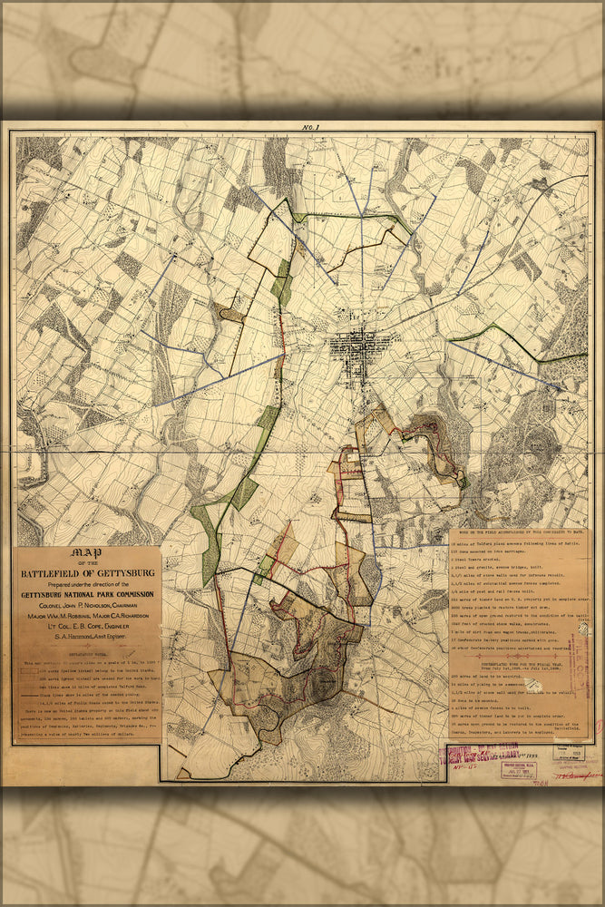 24"x36" Gallery Poster, Map of the battle field of Gettysburg 1898