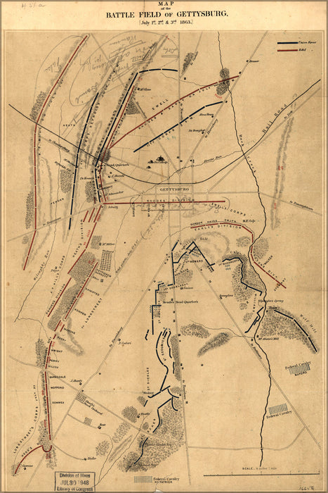 24"x36" Gallery Poster, Map of the battle field of Gettysburg pub 1888