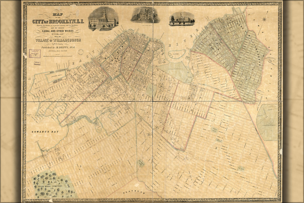 24"x36" Gallery Poster, Map of the city of Brooklyn and williamsburg 1850