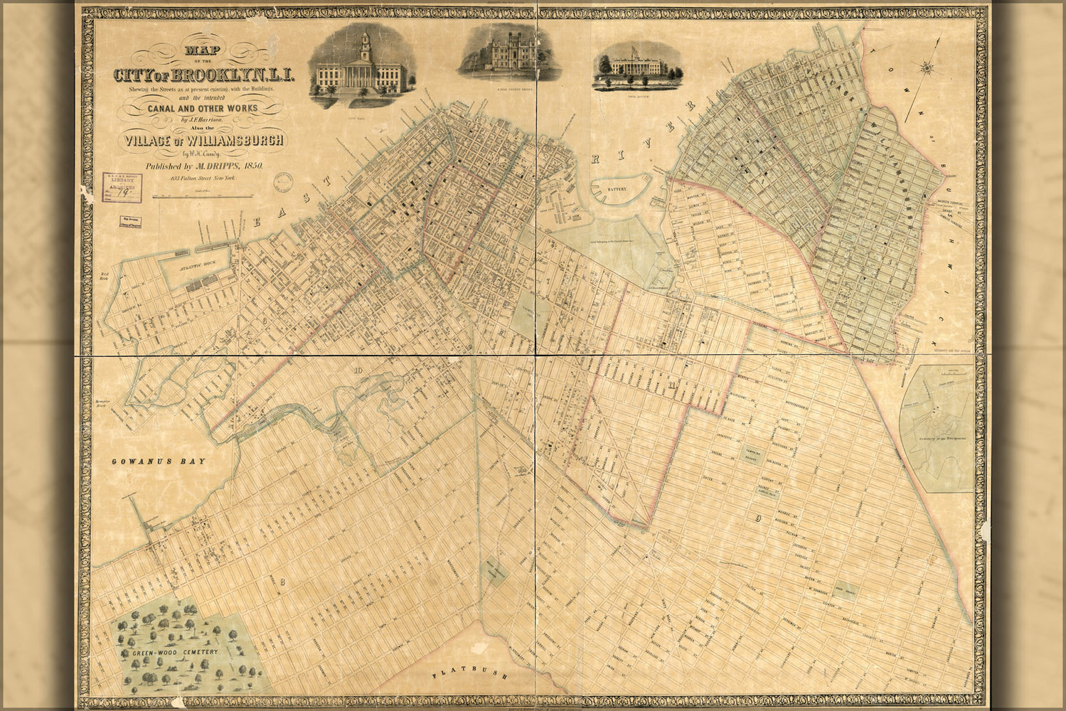 24"x36" Gallery Poster, Map of the city of Brooklyn and williamsburg 1850