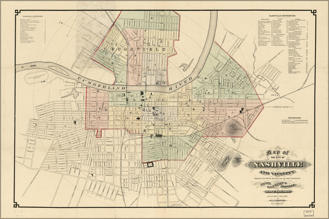 24"x36" Gallery Poster, Map of the city of Nashville and vicinity 1877