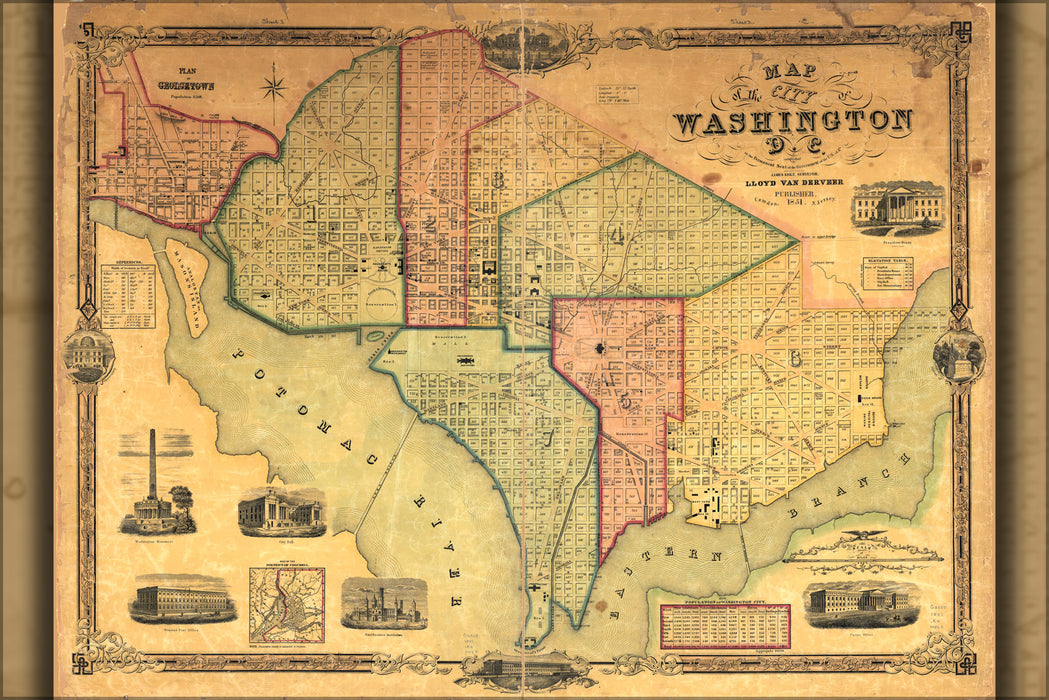 24"x36" Gallery Poster, Map of the city of Washington D.C. 1851