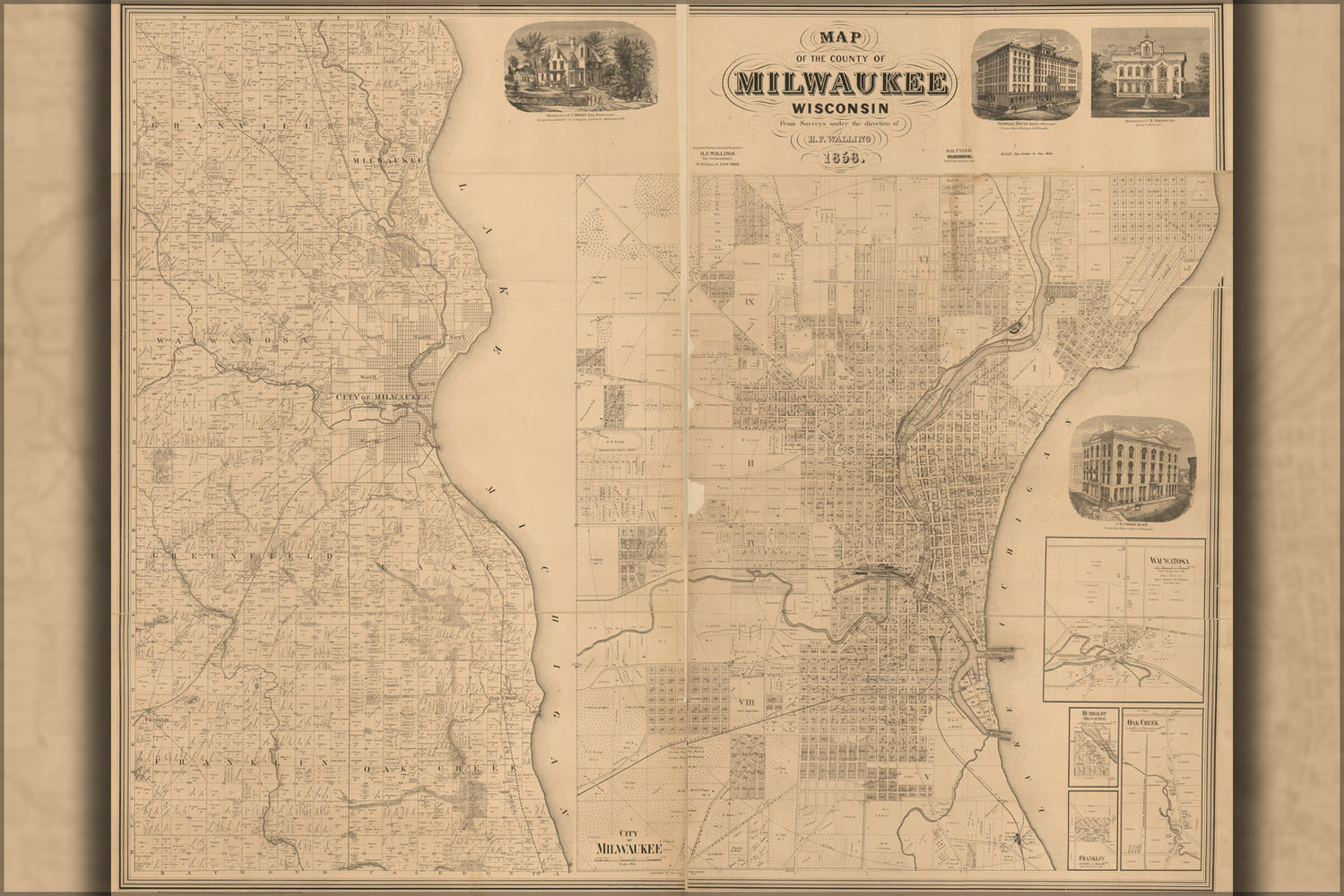 24"x36" Gallery Poster, Map of the county of Milwaukee, Wisconsin 1858