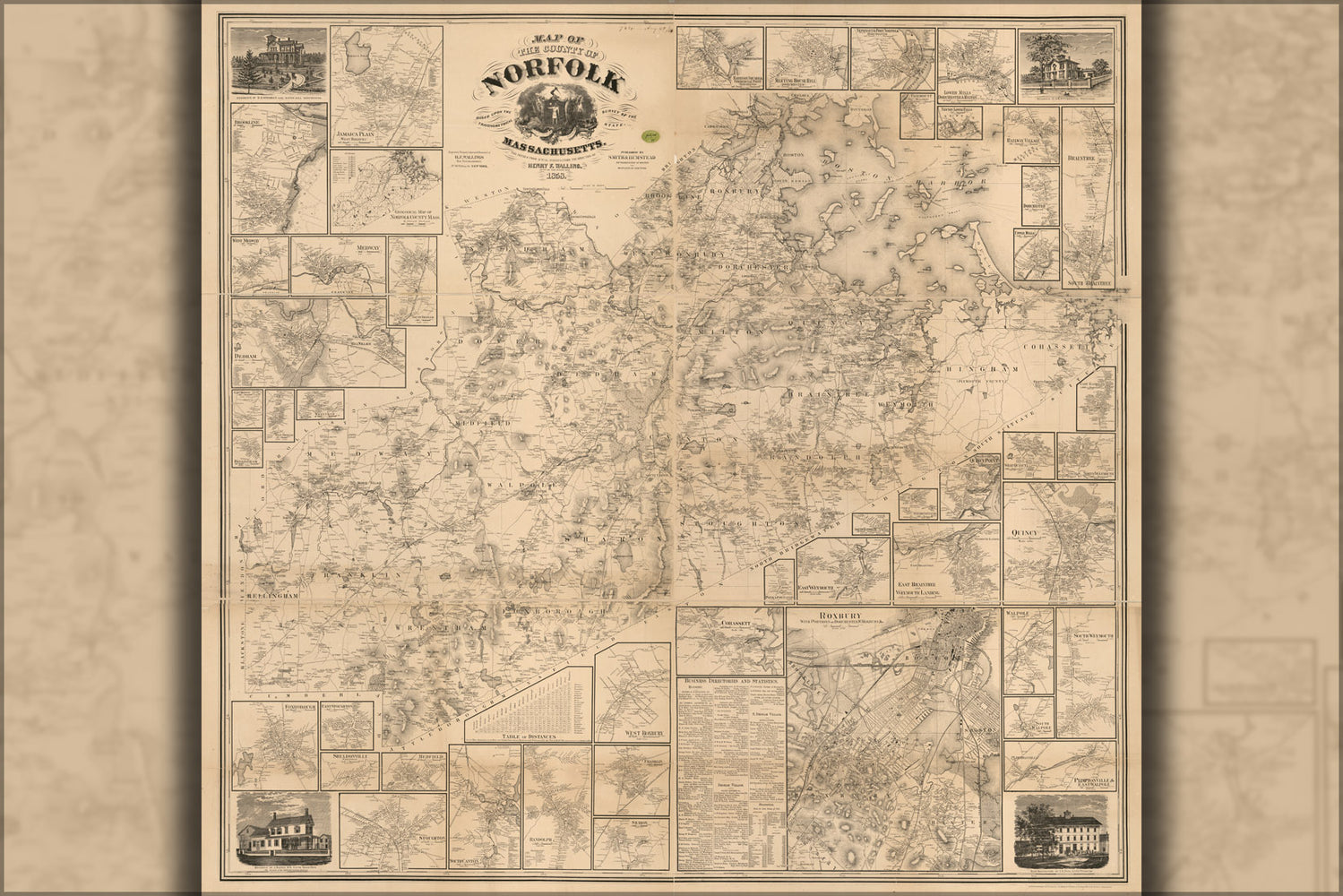 24"x36" Gallery Poster, Map of the county of Norfolk, Massachusetts 1858