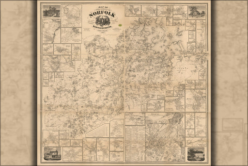 24"x36" Gallery Poster, Map of the county of Norfolk, Massachusetts 1858